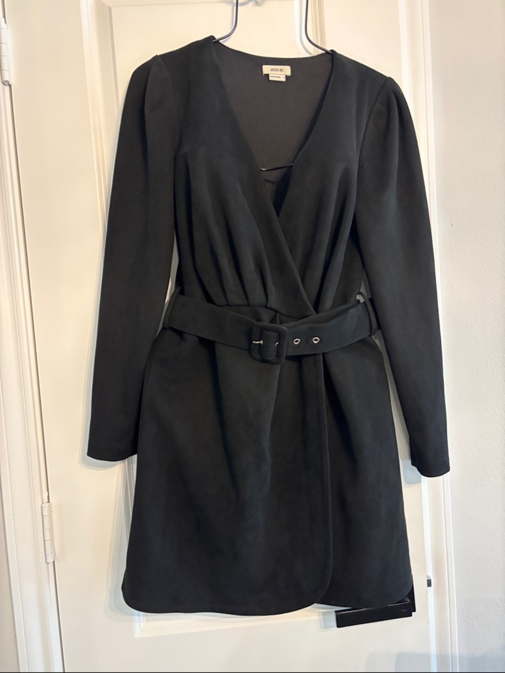Jason Wu Black Faux Suede long sleeve Belted waist wrap Dress - size Small